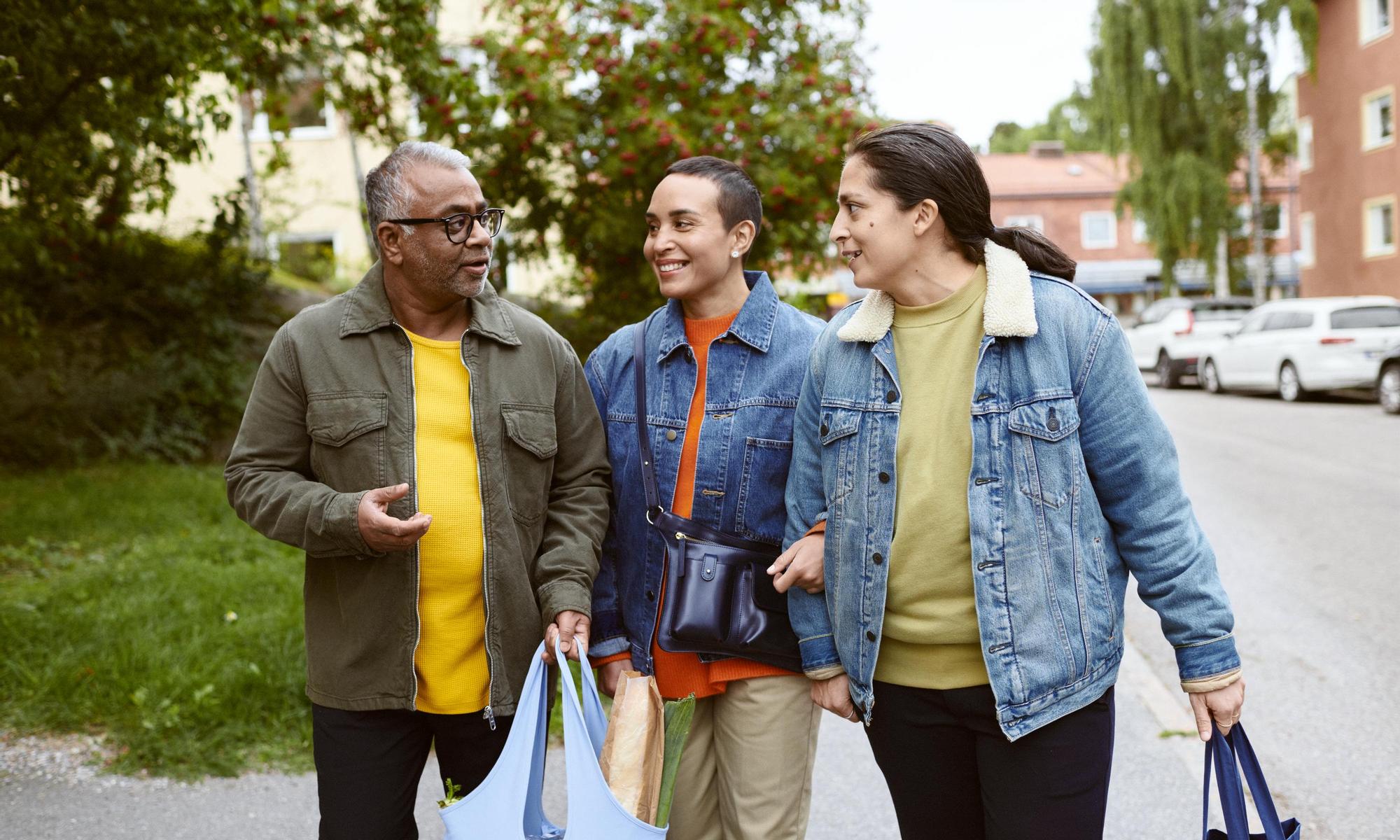 A group of three walking home from the grocery store