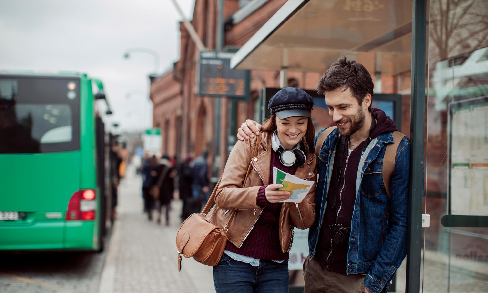 Couple at bus station